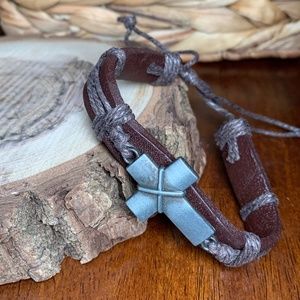 Rustic Brown Leather and Twine Cross Bracelet, adjustable